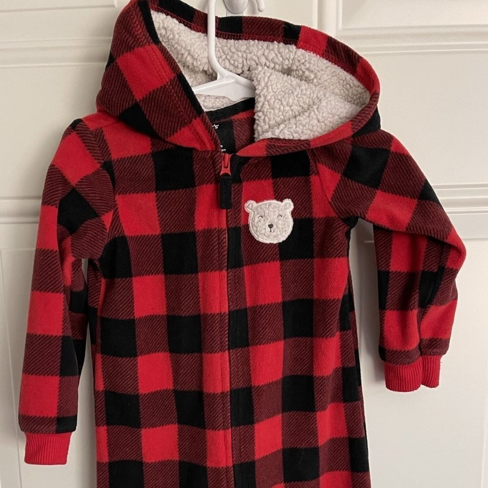 CARTERS Sz 24 Month Red Black Buffalo Plaid Hooded Zip Up Sleeper One Piece